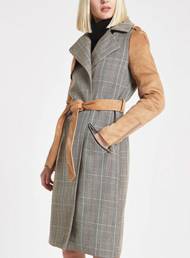 Light brown check suedette trench coat